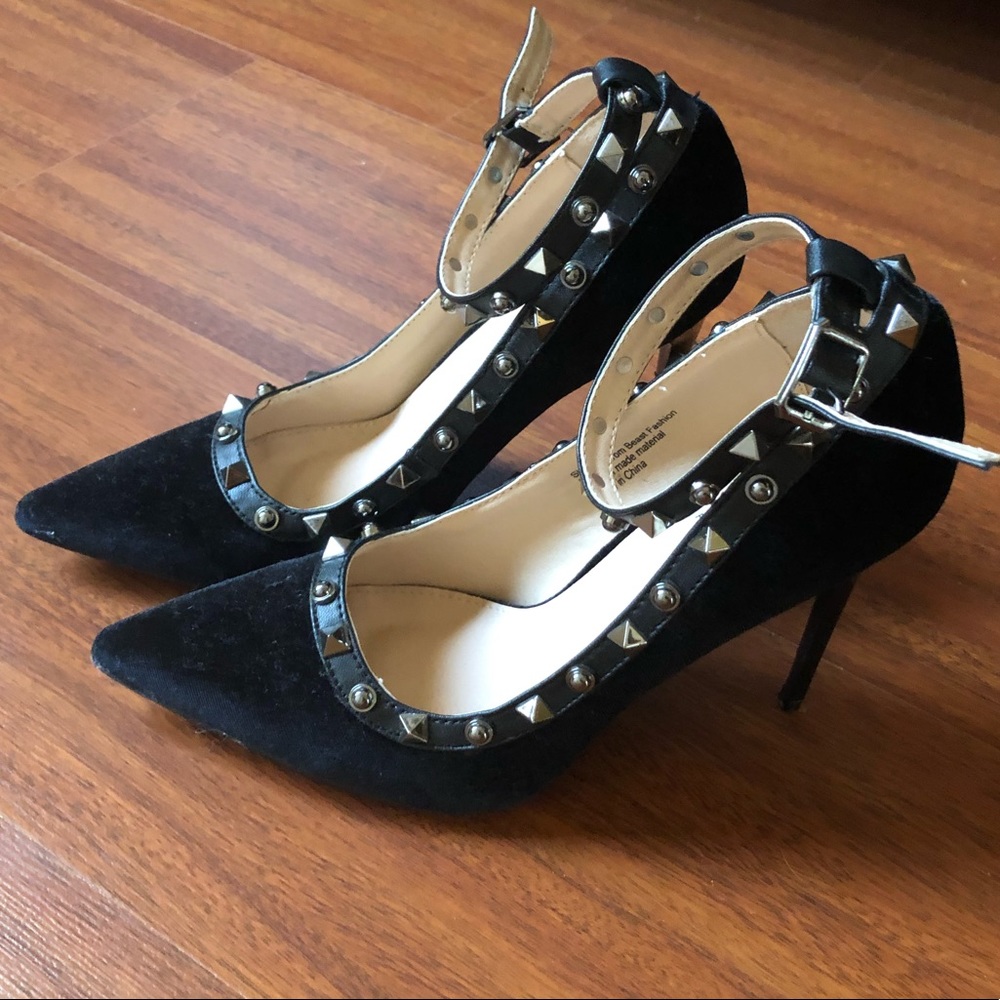 Black velvet/velour studded stilettos.